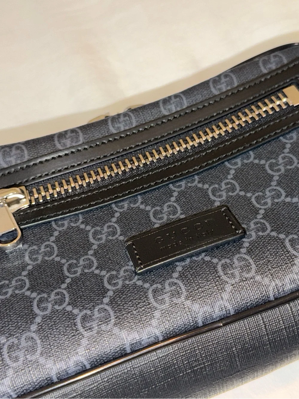 Gucci Black GG Supreme Belt Bag with Red and Navy Web Strap